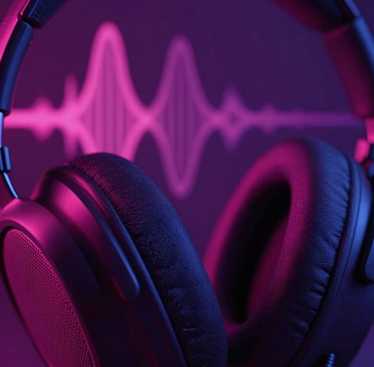 Macro close-up of premium headphone textures and metallic mesh under moody neon pink and deep violet lighting, cinematic 35mm
