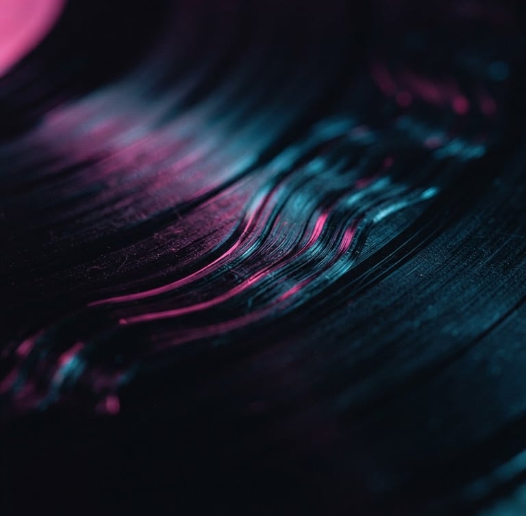 Macro photography of a high-end black vinyl record groove, reflecting moody pink and cyan neon light, atmospheric low-key lighting, cinematic 35mm