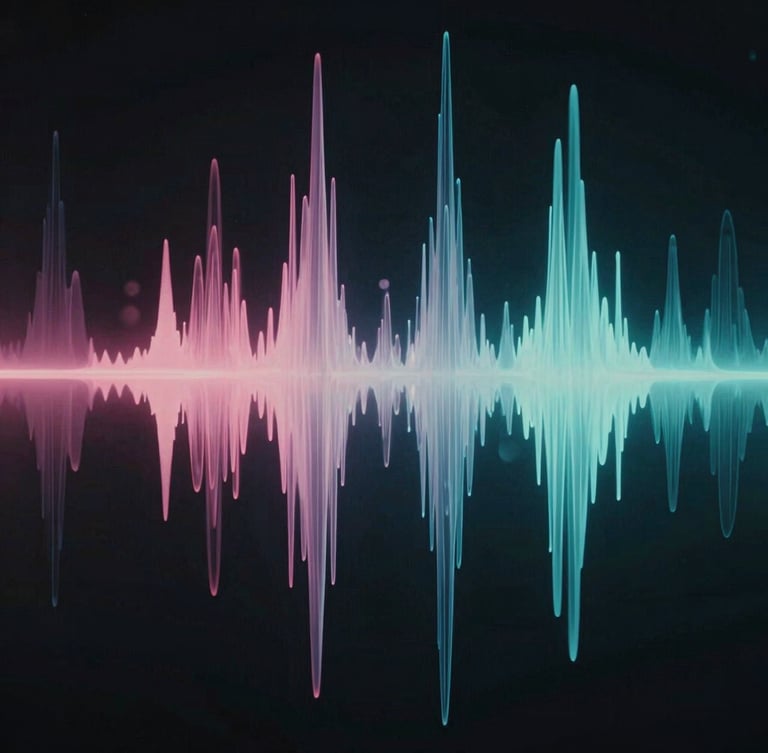 Abstract fluid soundwave pattern glowing with bioluminescent pink and cyan light against a pitch-black background, cinematic macro shot