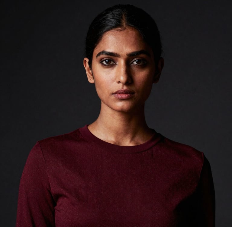 High-fashion editorial portrait of an Indian female model, dramatic studio lighting, rich burgundy and deep black tones, sharp focus, 35mm