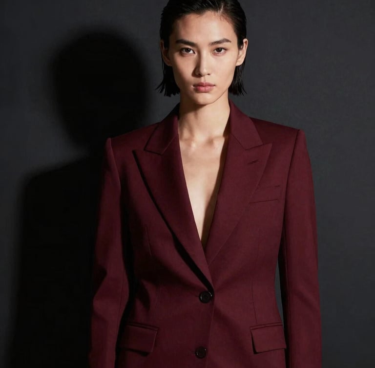 High-fashion editorial portrait of a model in a structured burgundy blazer, dramatic studio shadows, sharp focus, 35mm