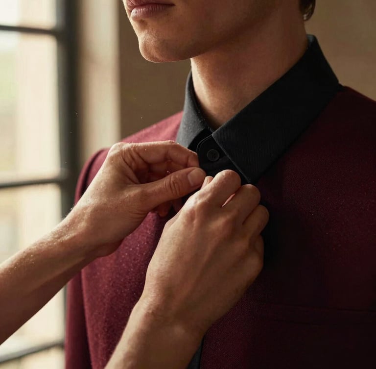 Close-up of a fashion stylist's hands adjusting a structured collar on a model, warm golden-hour window light, soft dust particles in the air, high-fashion editorial texture.