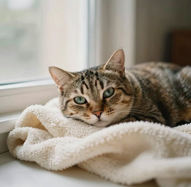 A serene cat resting peacefully on a soft cream blanket near a window, soft natural light reflecting in its eyes, warm cozy home environment, 35mm