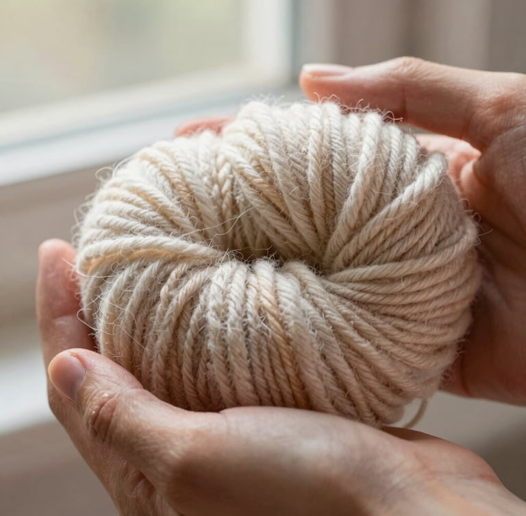Macro close-up of hands gently holding a soft, organic wool skein, natural warm window light, highlighting the intricate fibers and rich texture, 35mm photography.