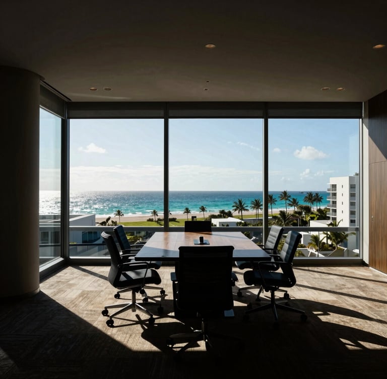 Wide shot of a modern, high-contrast office interior with sharp shadows, a large window overlooking the South Florida coastline, a discreet meeting table, 35mm lens, editorial architectural photography, hard coastal sunlight.