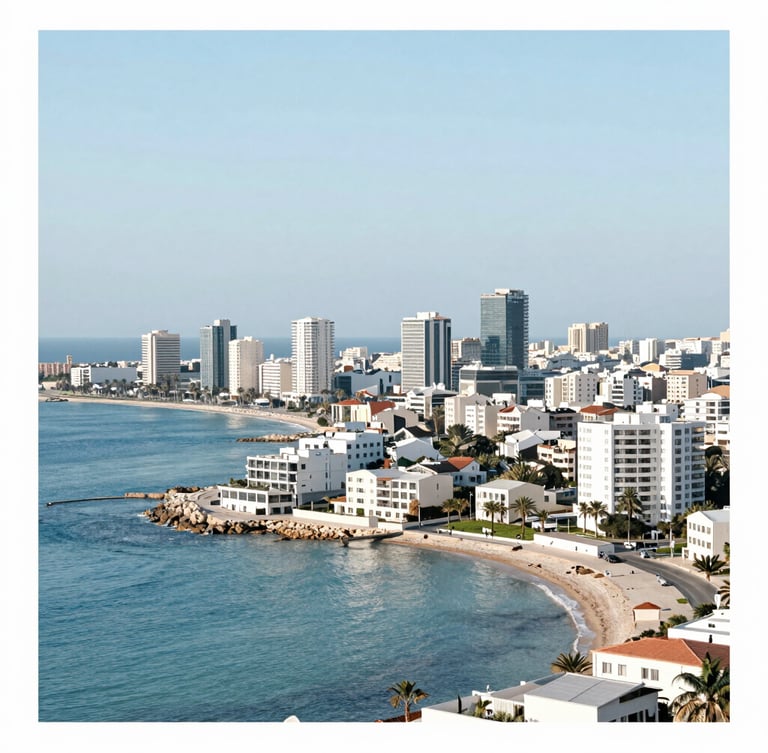 Wide panoramic shot of Alexandria coastline merging into North Coast resorts, showing a modern, clean cityscape and coastal homes under bright natural light, with a subtle overlay indicating service areas.