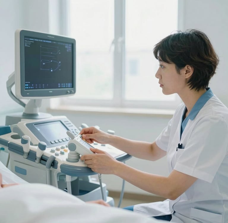 A professional medical technician gently adjusting a portable ultrasound machine near a patient's bedside in a bright, clean home setting, natural window light, soft blue and white tones, portrait aspect, focus on the technician's hands and device.