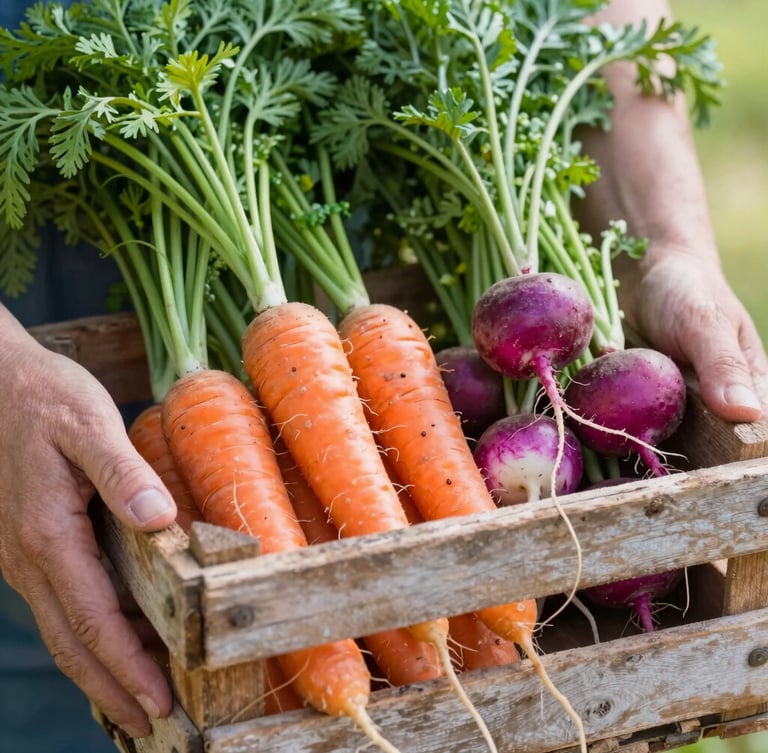 Close-up of weathered hands holding a rustic wooden crate filled with vibrant, freshly harvested carrots and radishes, soft morning light