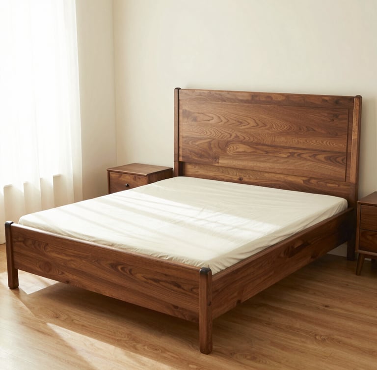 Warm editorial furniture photography of a solid rubberwood king bed with deep box storage, walnut finish, in a bright bedroom with soft morning light, 35mm