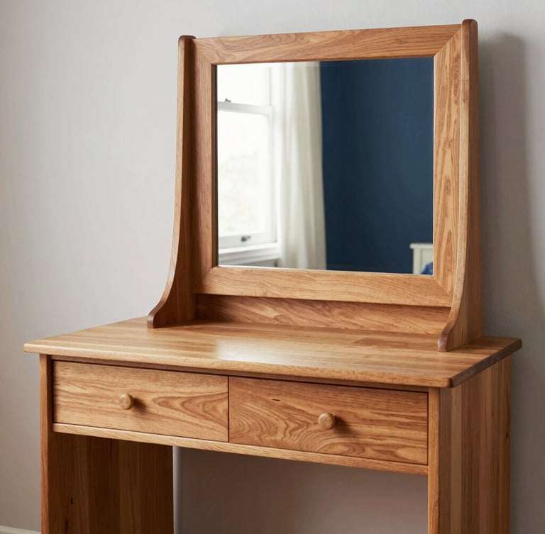 Warm editorial furniture photography of a rubberwood dressing table with a tall mirror unit, natural finish, staged in a clean domestic setting, 35mm