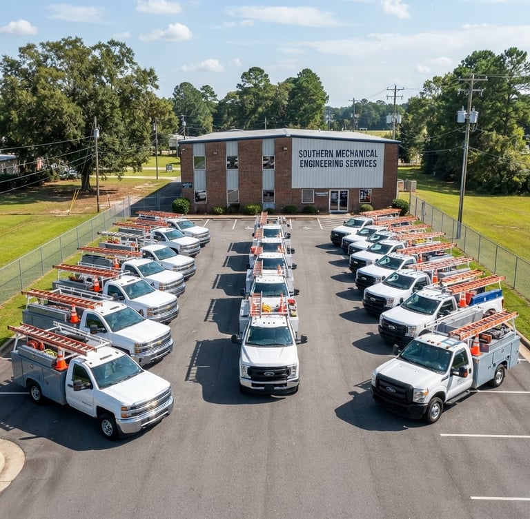 A wide environmental shot of a fleet of clean, organized utility trucks parked outside the Southern Mechanical Engineering Services office in Thomasville, Georgia, bright natural daylight, sharp depth of field.