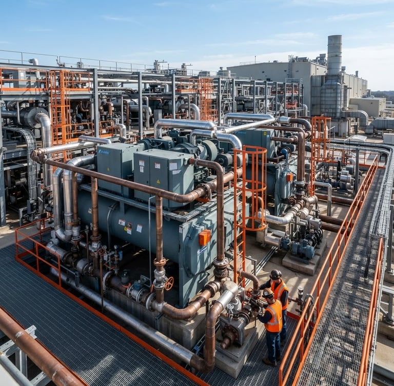 Wide environmental shot of a massive industrial HVAC chiller installation, copper piping arrays, crisp daylight, high-contrast cool tones with safety orange accents, sharp depth of field.
