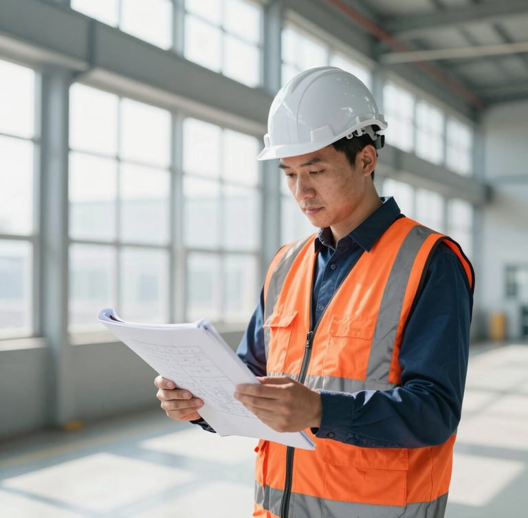 A licensed mechanical engineer in high-visibility safety gear and hardhat reviewing technical blueprints on a tablet inside a bright, modern industrial facility, crisp industrial photography.
