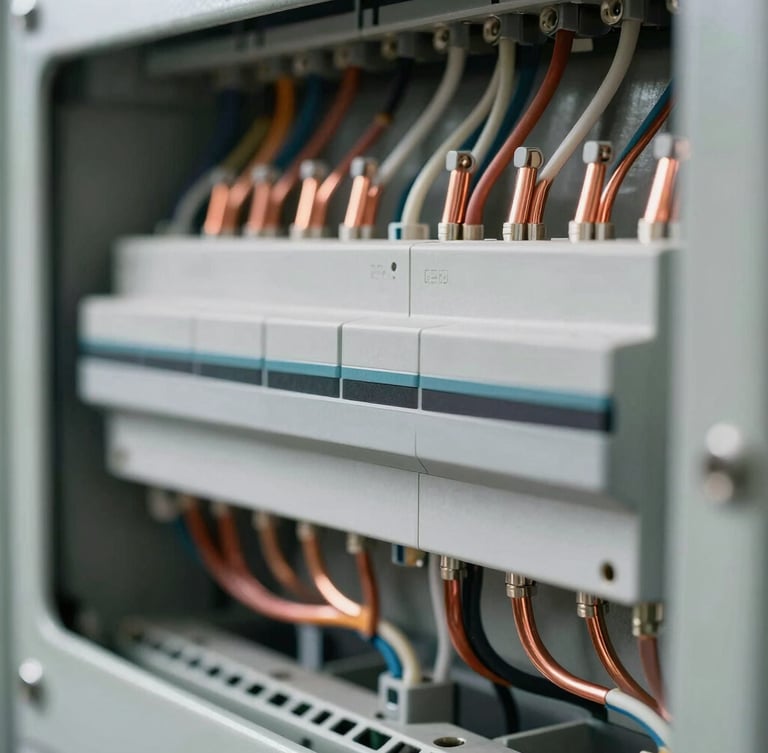 Macro close-up of a modern, perfectly organized electrical panel, clean copper wiring routed in parallel, crisp daylight illumination, technical precision.