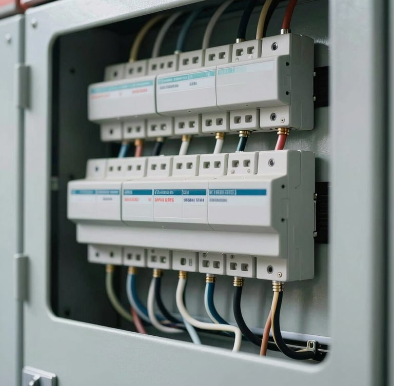 Macro close-up of a modern, perfectly organized electrical distribution panel with clean wire routing and clear labeling under bright daylight.