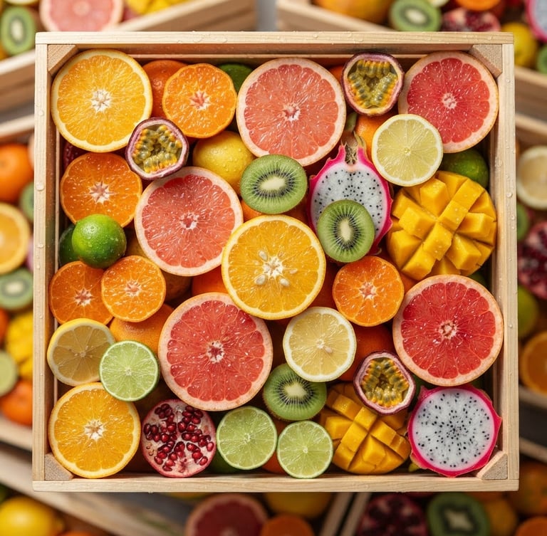 Macro overhead shot of glistening, dew-covered citrus halves and tropical fruits in clean modern wholesale crates, bright natural sunlight