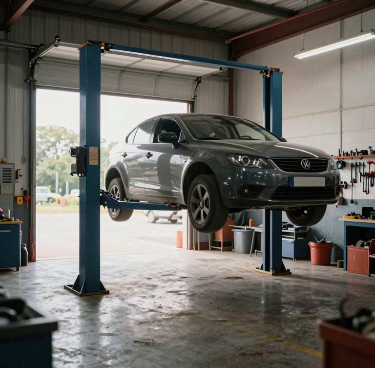 Medium environmental shot of a clean but working auto garage, a car on a hydraulic lift, natural daylight coming through the open bay door, industrial tools organized on a wall.