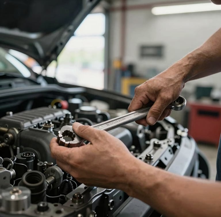 Close-up of a master mechanic hands using a wrench on a car engine under natural light from the garage door, industrial workshop background