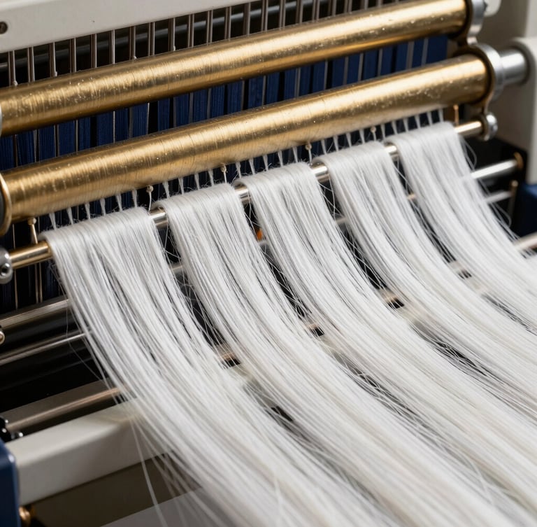Macro studio shot of raw cotton and polyester threads feeding into a modern loom, high-contrast lighting with metallic gold highlights, sharp focus, 85mm lens
