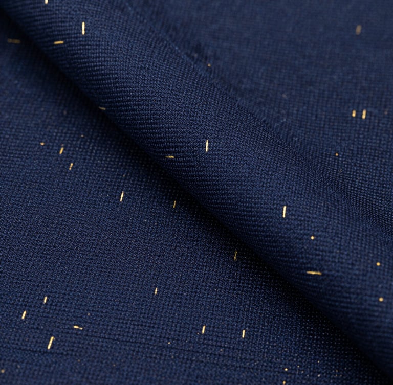 Close-up macro shot of premium navy blue fabric showing precise twill weave pattern, gold metallic fibers woven subtly throughout, professional studio lighting.