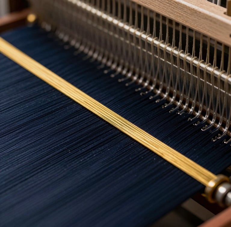 Macro close-up of dark navy threads on a modern industrial loom, metallic gold highlights, sharp focus, premium editorial photography, high-contrast studio lighting, 85mm lens