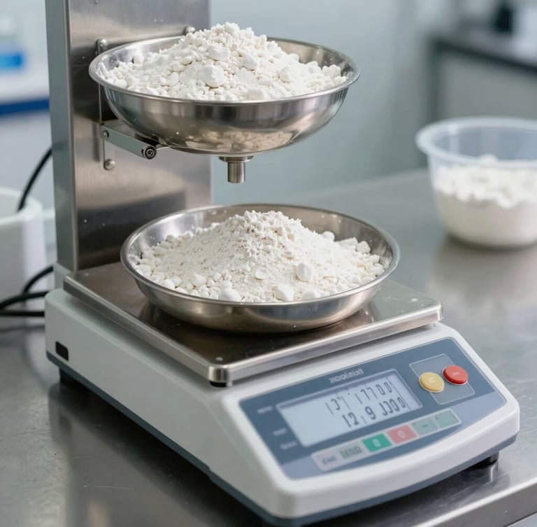 A high-precision digital scale in a bright stainless steel laboratory, weighing raw starches with metric decimal readouts visible, sharp focused lighting.