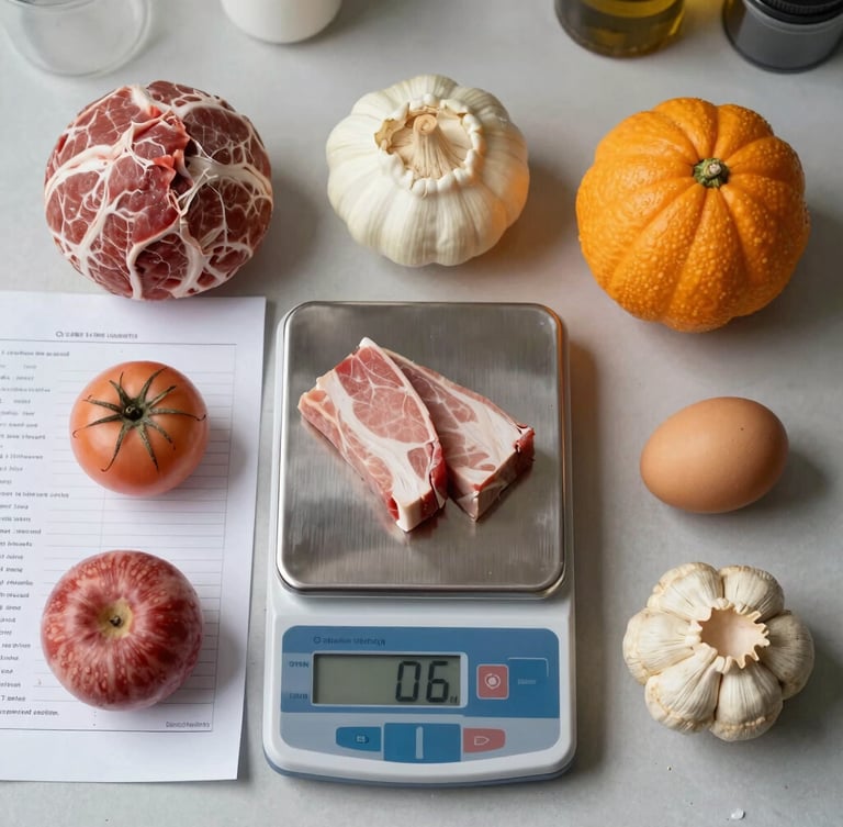 Overhead structured flat-lay of raw ingredients measured on a high-precision digital scale, technical recipe formulation sheets with molecular annotations on the side, bright overhead laboratory daylight mixed with warm task lighting.