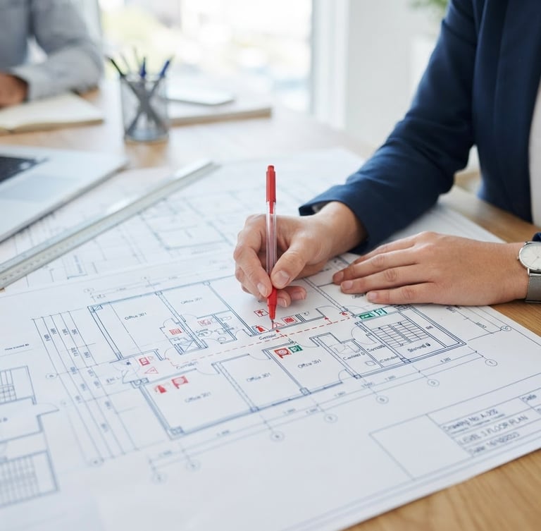Close-up of technical blueprints with professional hands marking fire safety points, sharp focus, 35mm lens, corporate daylight.