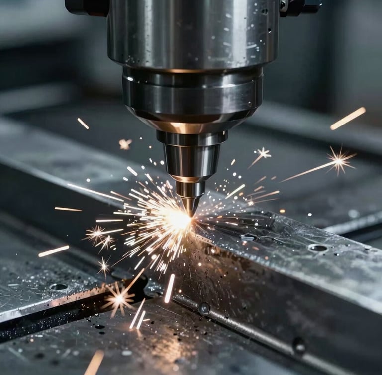 Tight macro shot of a CNC milling tool cutting through a block of steel, bright sparks flying, cool metallic tones, dramatic industrial lighting