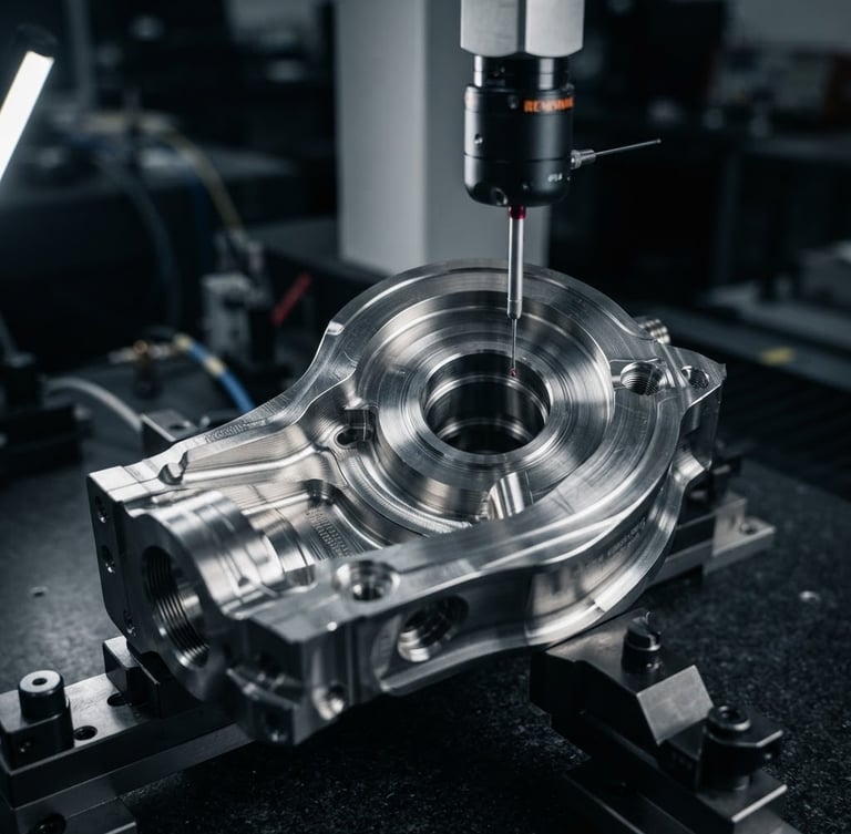Industrial editorial photography, close-up of a high-tolerance machined steel component on a coordinate measuring machine, cool metallic tones, sharp details