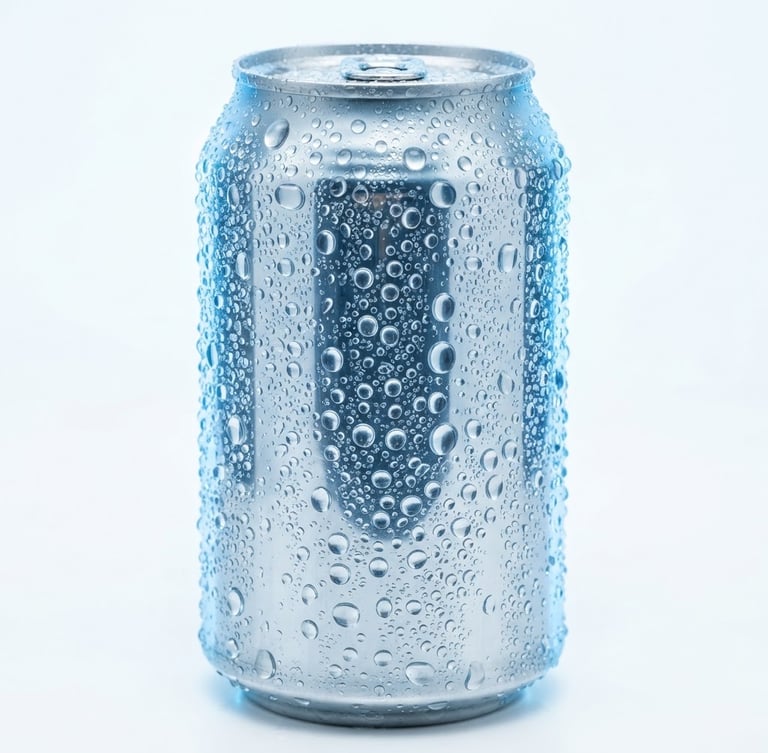 Macro studio shot of a condensation-beaded aluminum can of Vitaaqua, sharp reflections, ice-blue backlighting, minimalist white backdrop, 50mm