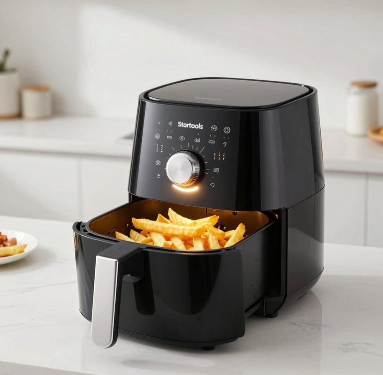 Startools Air Fryer 5L with glowing internal LED light, crisp studio lighting, premium product photography, displaying golden crispy fries inside, clean minimalist kitchen backdrop, 50mm lens