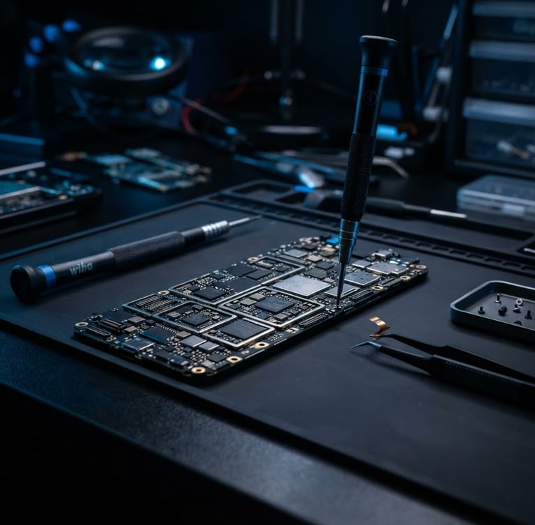 Extreme close-up macro of a clean workshop bench in Koti, precision screwdrivers, tweezers, and a disassembled smartphone motherboard under dark studio lighting with electric blue accents.