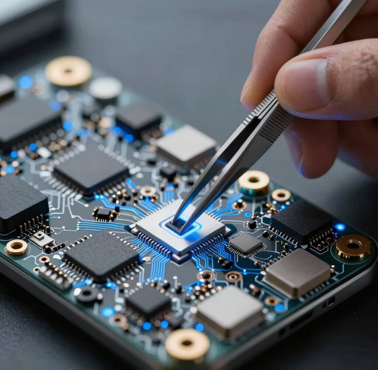 Extreme close-up of a technician using precision tweezers on a glowing smartphone motherboard, electric blue accents, sharp macro details.