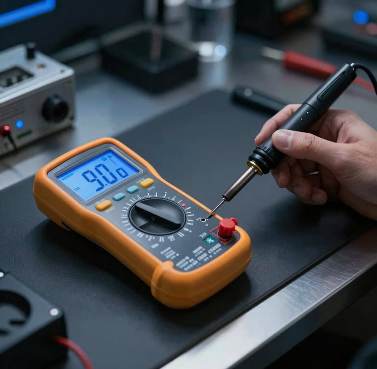 Sleek portrait of a modern technical repair station, digital multimeter screen glowing blue, soldering iron resting on a clean dark silicon mat, sharp focus.