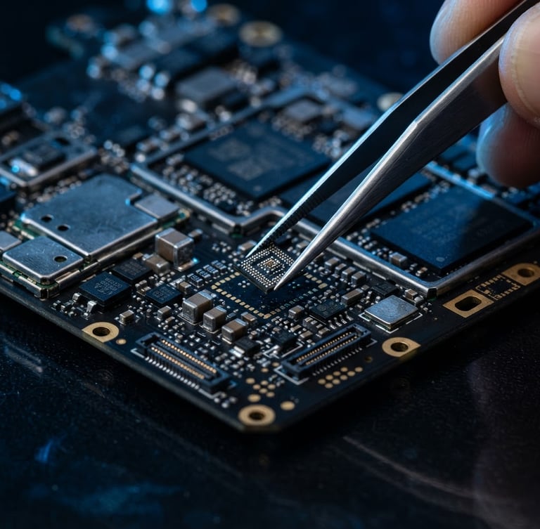 Extreme macro shot of a smartphone motherboard under dramatic blue studio lighting, precision tweezers holding a microchip, dark reflective surface, 50mm lens