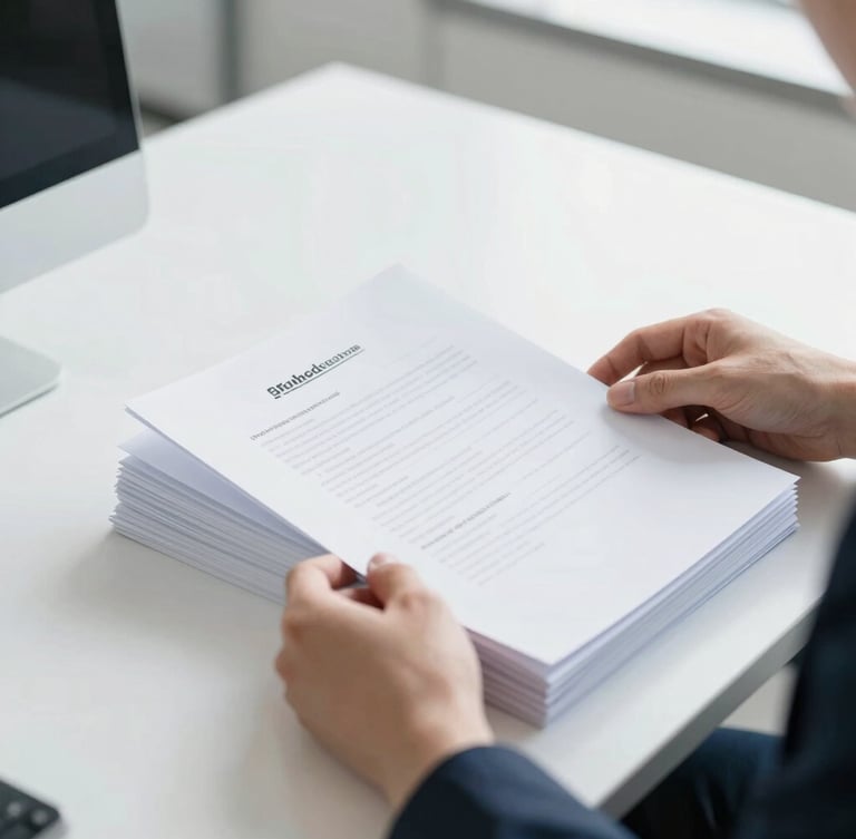 Close-up of professional hands organizing documents in a sleek modern office, bright natural light, crisp focus, clean corporate aesthetic, 35mm