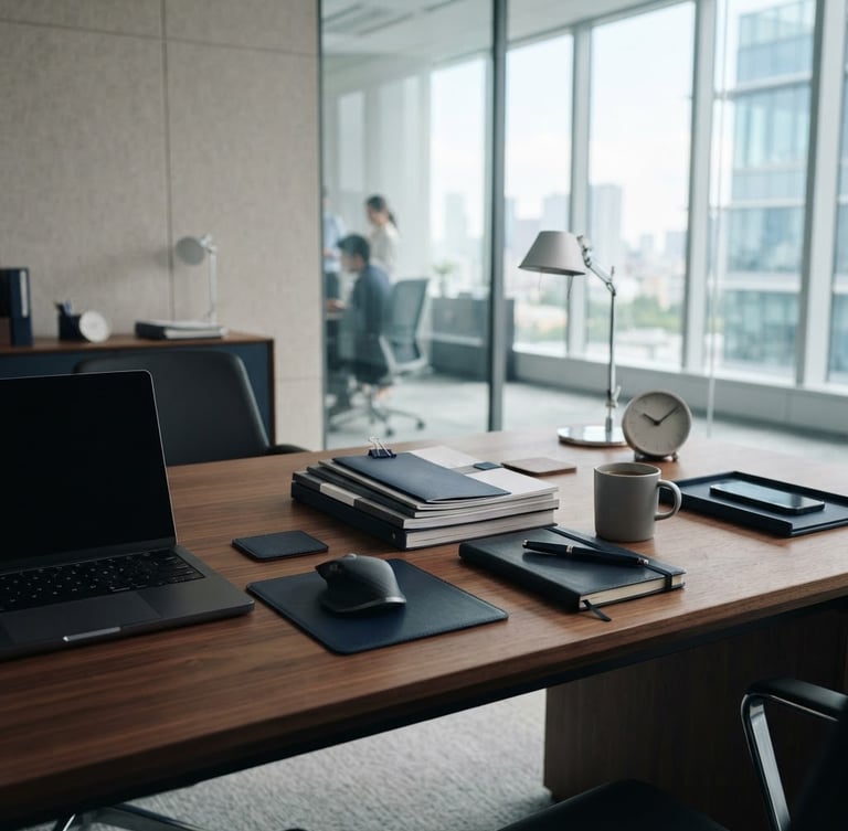 Sleek minimalist office desk with organized documents, professional slate gray and navy tones, natural daylight, high-end corporate setting, 35mm