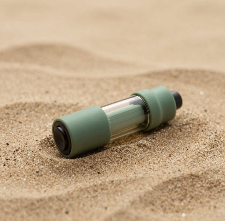 Macro photograph of a minimalist glass vape cartridge lying on a textured warm sand stone surface, soft diffused morning light, earthy green and warm sand tones, high detail
