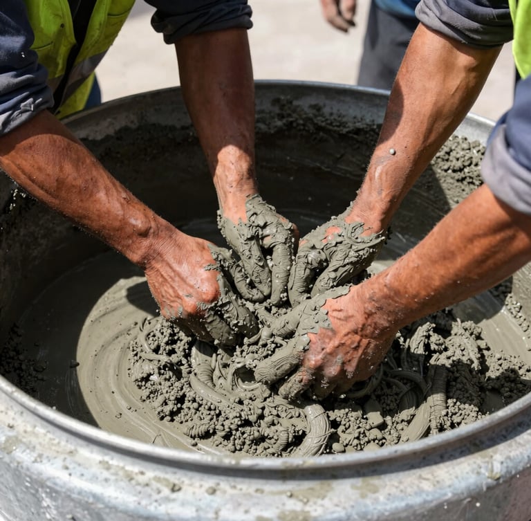 Close-up, low-angle shot of workers in safety gear mixing concrete by hand in a large industrial mixer, hard direct sunlight, high contrast, focus on the texture of the wet cement, 35mm lens.