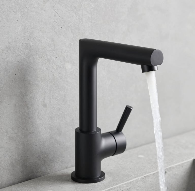 Close-up of premium matte black architectural faucet with precise water stream, bright neutral daylight, cool grey concrete background, sharp focus