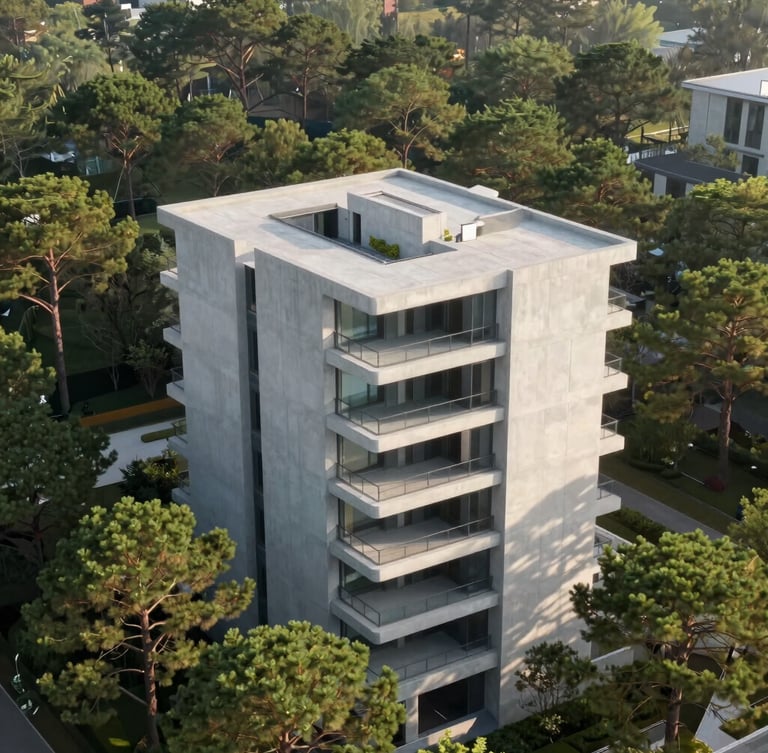 Aerial view of premium minimalist concrete development surrounded by soft green pines, crisp morning daylight
