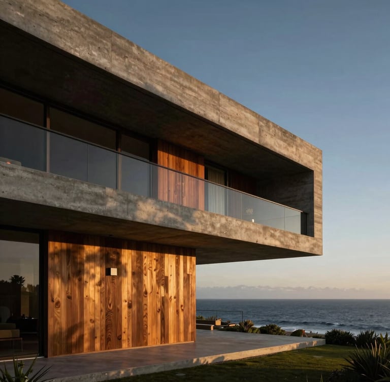 Architectural elevation of a brutalist luxury villa at golden hour, raw concrete and teak wood textures, overlooking the Pacific ocean in Peninsula de Papagayo, sharp linear perspective, 35mm