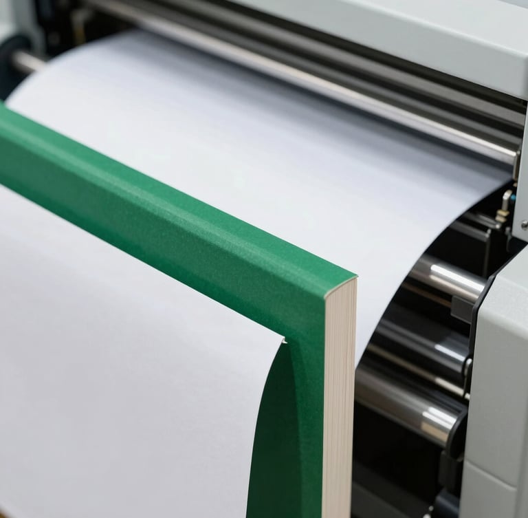 Close-up of a book spine binding process, high-quality paper texture, modern printing press machinery in operation, sharp focus