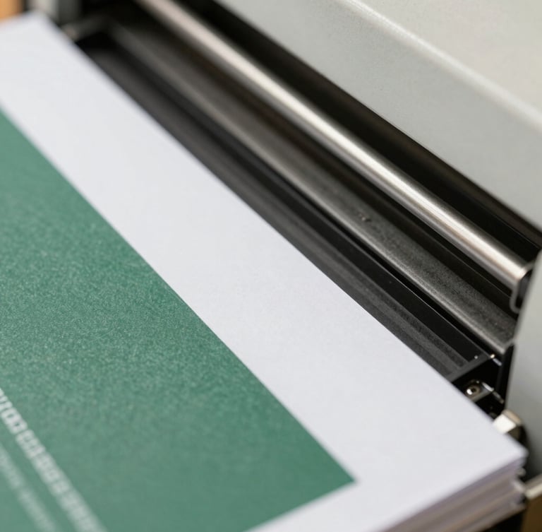Detailed close-up of printed pages being bound together in a professional binding machine, sharp focus on paper texture and strong glue binding, warm daylight