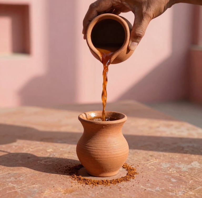 Warm editorial photography of hand-ground masala chai being poured into a clay kulhad on a terracotta surface, soft morning shadows, golden-hour sunlight, 35mm lens.