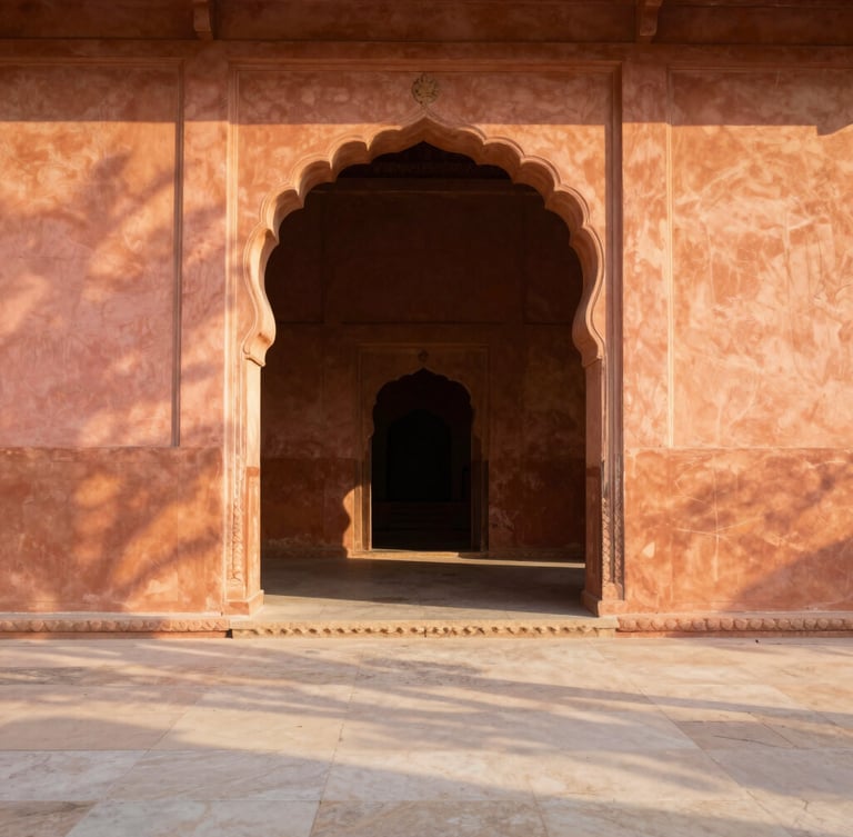 A medium crop of a sun-drenched terracotta archway in Jaipur, golden-hour sunlight casting soft geometric shadows across a clean cream stone floor, architectural detail, 35mm lens.