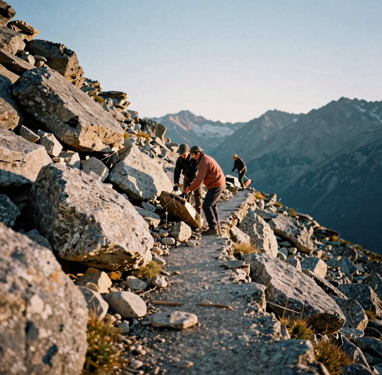 Active trail maintenance crew clearing granite rocks on a mountain path, golden hour alpine light, rugged outdoor photography, 35mm film style