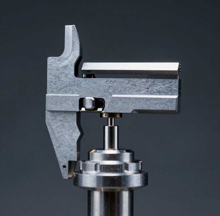 Portrait orientation, macro shot of a modified metallic component being calibrated under cool-toned industrial studio lighting, sharp contrasts, no people