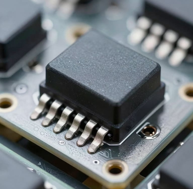 Macro close-up of a high-precision electro-mechanical relay on a clean industrial circuit board, cool-toned studio lighting, metallic slate and steel tones, sharp depth of field